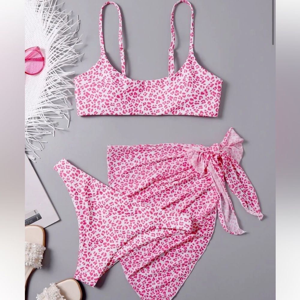 Pink cheata print bikini with coverup skirt